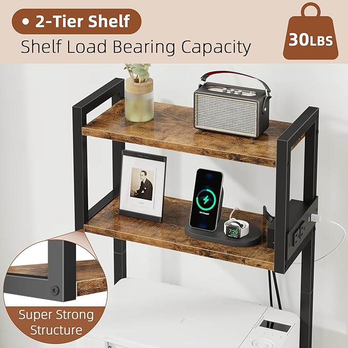 Small 3 Drawer File Cabinet with Charging Station, 3-Tier Tall Filing Cabinet for Home Office, 11''*16'' for Small Printer, Fabric Drawer Fits Letter/A4, Printer Stand 45''H, Rustic Brown