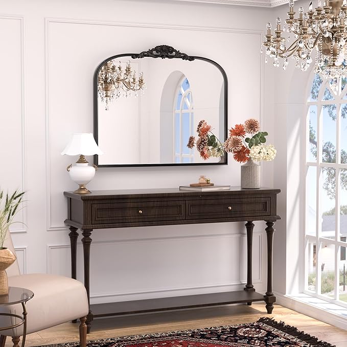 Keonjinn Vintage Mirror for Wall, 36" x 30" Black Antique Mirrors with Metal Frame, Baroque Style Decoration for Mantle, Bathroom, Living Room, Fireplace, Bedroom, French Cleat Mounting