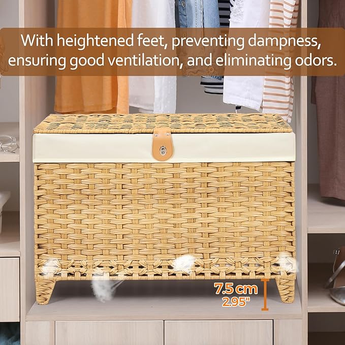 Wicker Storage Basket with Lid,Rattan Shelf Basket with Removable Liner Bag,160L Storage Bin,Storage Trunk with Heightened Feet,Storage Container for Wardrobe,Home Organizer