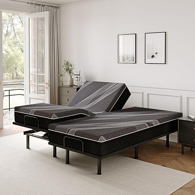 Split King Adjustable Bed Frame with 12 inch Gel Memory Foam Mattress, CertiPUR-US Certified Fiberglass Free, Zero Gravity & Wireless Remote, Head & Foot Incline, 80"×76"