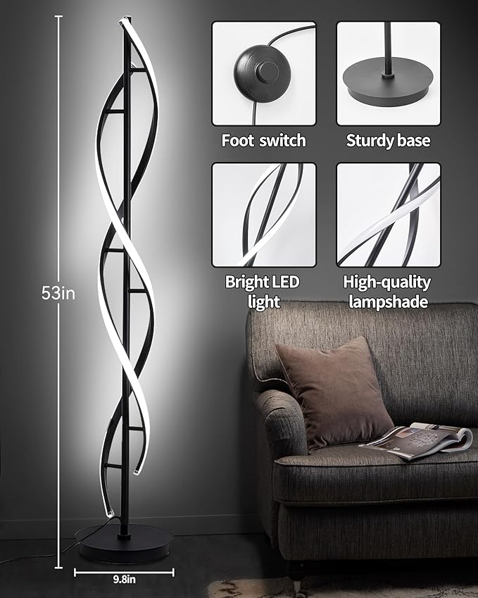 53" Spiral Floor Lamps for Living Room,36W Modern LED Floor Lamp with Remote Control, Dimmable Color Temperature and Brightness,Bright Standing Lamp for Living Rooms