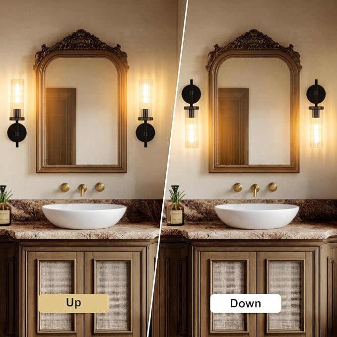 15" Knurled Brass Wall Sconce with Vertical Striped Glass Tube, Black Gold Bathroom Vanity Light Fixtures, Modern Lamp Lighting for Bedroom, Living Room, Hallway, Staircase, Mirror, Kitchen