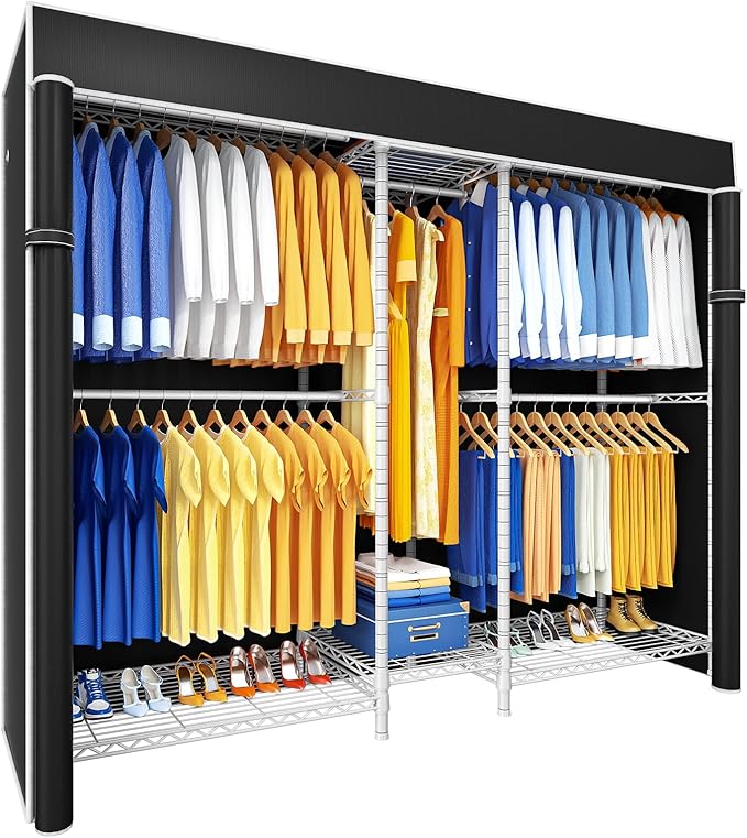 Ulif E12C Heavy Duty Closet Organizer System，Freestanding Clothing Racks for Hanging Clothes，Adjustable Garment Rack 71" W x 16" D x 76.5" H Hold 960 lbs，White Clothing Rack with Black Dustproof Cover