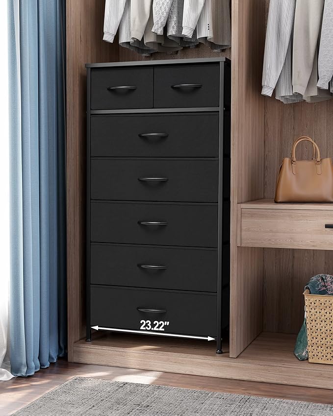 Crestlive Products Vertical Dresser Storage Tower - Sturdy Steel Frame, Wood Top, Easy Pull Fabric Bins, Handles - Organizer Unit for Bedroom, Hallway, Entryway, Closets - 7 Drawers (Black)