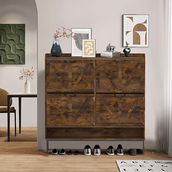MISHAO Shoe Storage Cabinet with 4 Flip Drawers, Narrow Hidden Shoe Cabinet for Entryway, Freestanding Slim Shoe Rack Organizer with Metal Legs, Rustic Brown