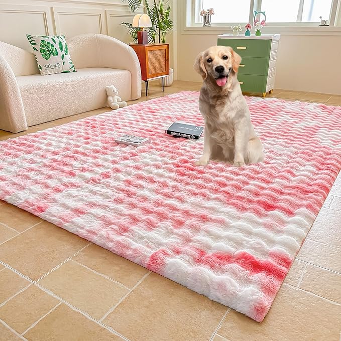 Pink White Rabbit Plush Area Rug for Bedroom Living Room Sofa,6'X9' Faux Fur Fluffy Shaggy Rectangular Square Rug for Kids Teen Girls Room,Furry Carpet Rug for Nursery Baby Room Decor for Teenage