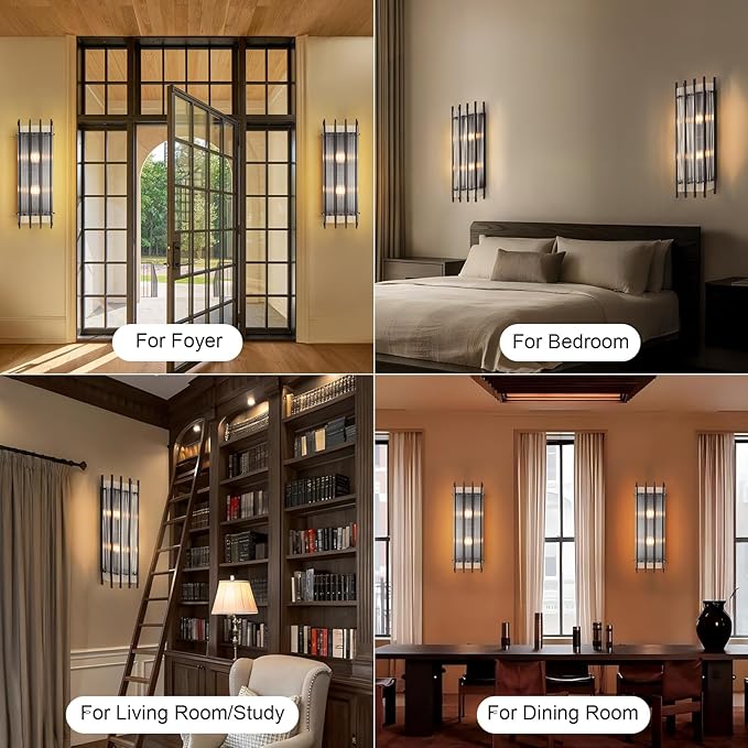 Modern Black Wall Sconce,25in Grand Rectangular Ribbed Glass Wall Sconces,Indoor Hardwired Wall Sconces for Large Spaces,for Living Room,Hallway,Stairway Sconces Wall Lighting,Included E12 Bulbs