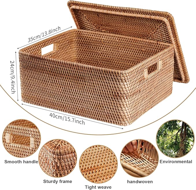 Rattan Basket With Lid, Large Lidded Basket For Storage(15.75" L×13.78"W×9.45"H)
