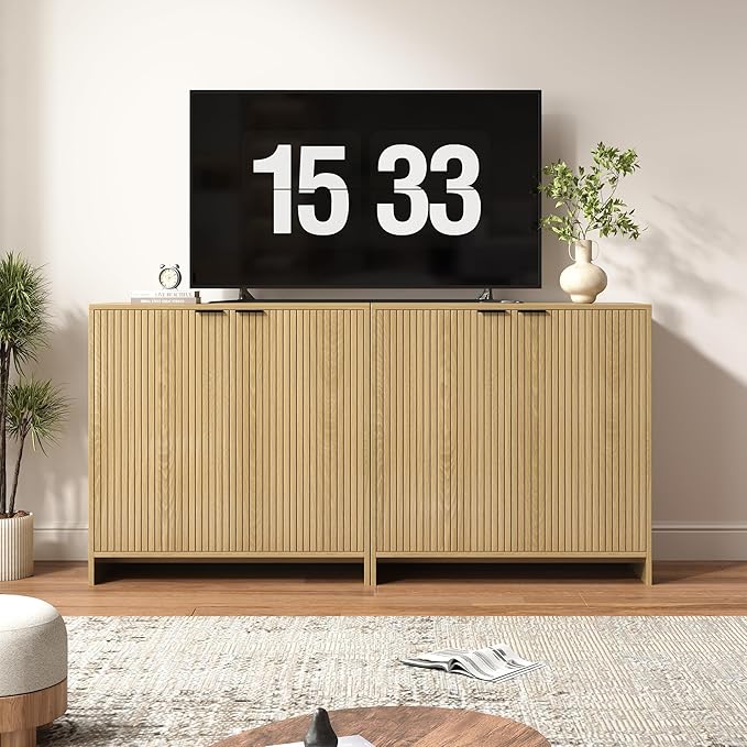63" TV Stand for TVs up to 70",Modern Fluted TV Console with Storage Cabinet,Entertainment Center with 4 Doors & Adjustable Shelves for Living Room,Natural Oak