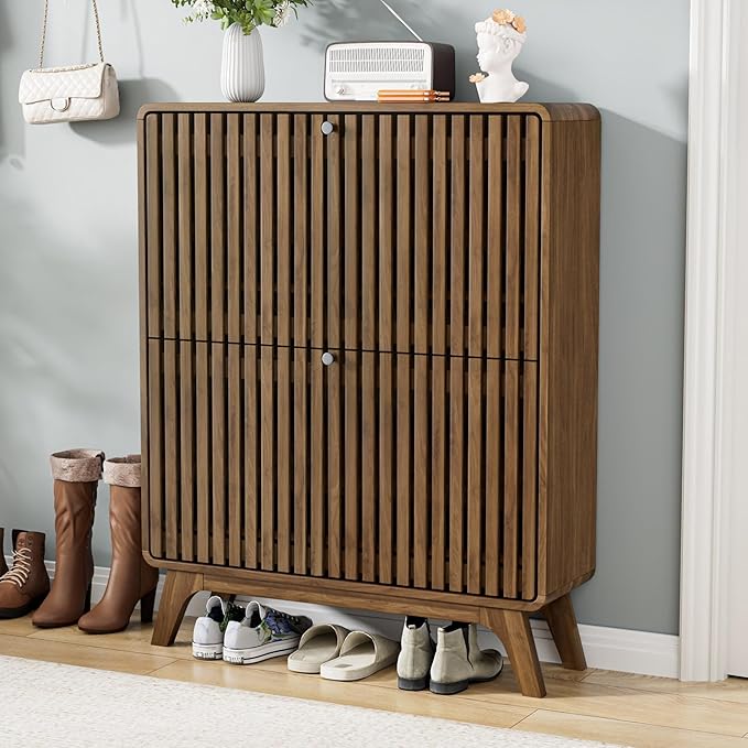 Fluted Narrow Shoe Cabinet for Entryway, Slim Wood Shoe Storage Cabinet with Flip Drawers, Bamboo Thin Shoe Rack Organizer for Entry Way, Hallway, Hidden, Walnut