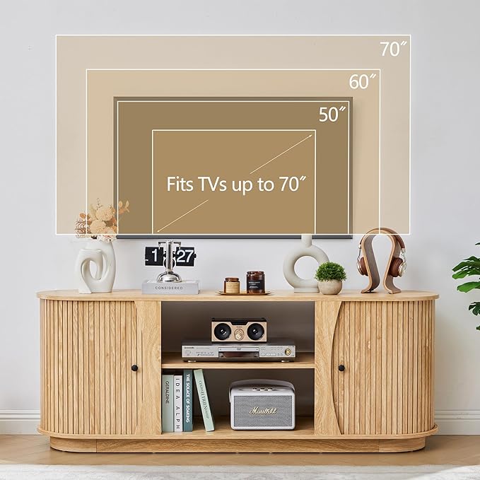 Turtle & Myrtle 63" Mid Century Modern TV Stand for Tvs up to 70", Fluted TV Media Console Table with Storage and Adjustable Shelves, Curved Edge Entertainment Center for Living Room(Natural)