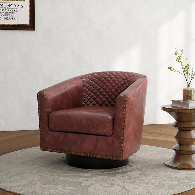 Swivel Barrel Accent Chair, Comfy Modern Upholstered Round Faux Leather Arm Chair for Living Room