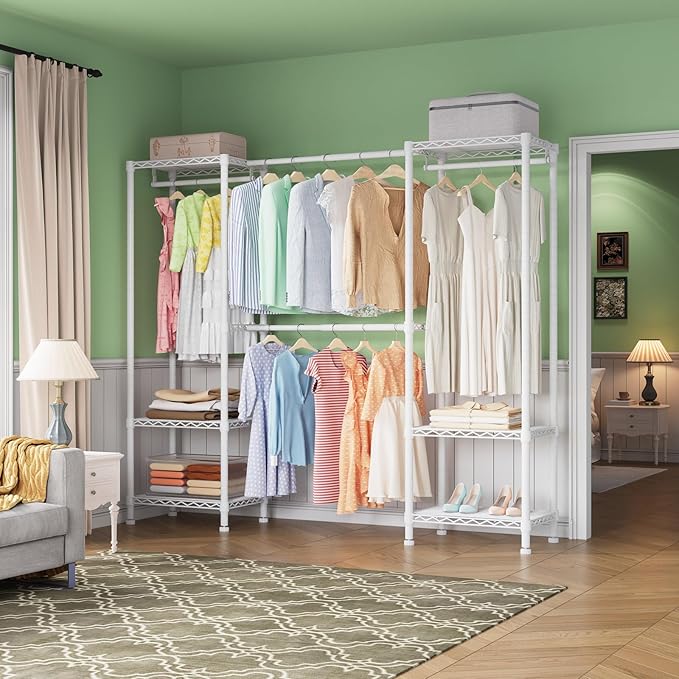 H10 Expandable Clothes Rack Clothing Rack for Hanging Clothes, Heavy Duty Garment Rack, Freestanding Wardrobe Closet Organizer with Hanger Rods, Extendable from 4.6 to 5.1 ft, White