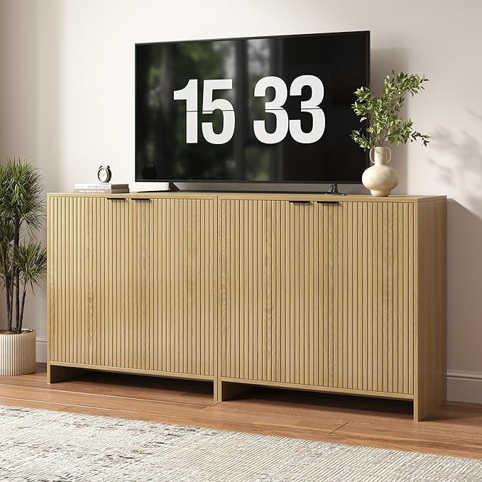 63" TV Stand for TVs up to 70",Modern Fluted TV Console with Storage Cabinet,Entertainment Center with 4 Doors & Adjustable Shelves for Living Room,Natural Oak