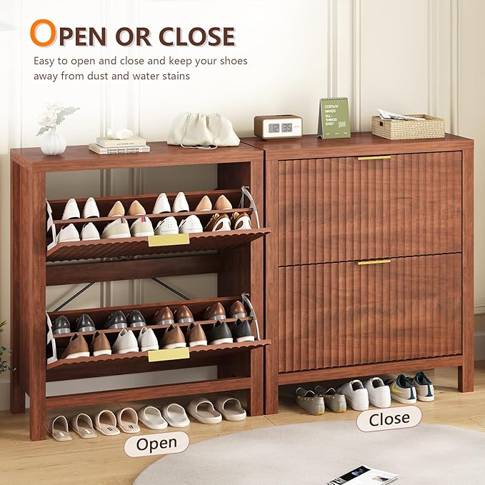 Shoe Cabinet Storage for Entryway, Fluted Shoe Cabinet with 2 Flip Drawers, Hidden Shoe Rack Tall Freestanding Shoe Organizer with Legs for Hallway, Walnut