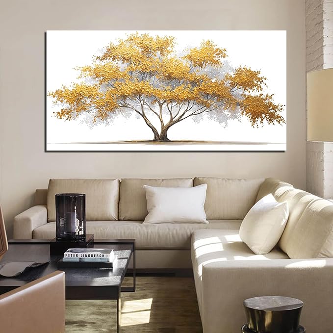 Tree Wall Art White Pictures Wall Decor Yellow Canvas Art for Living Room Bedroom Bathroom Office Large Modern Artwork 29"x 59"