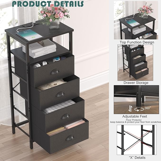 Nightstand with Charging Station,LED Black Nightstand with 4 Fabric Drawers PU Finish, Bedside End Tables, 2-Tier Open Storage Shelf Side Table Nightstand with Drawers for Bedroom,Black