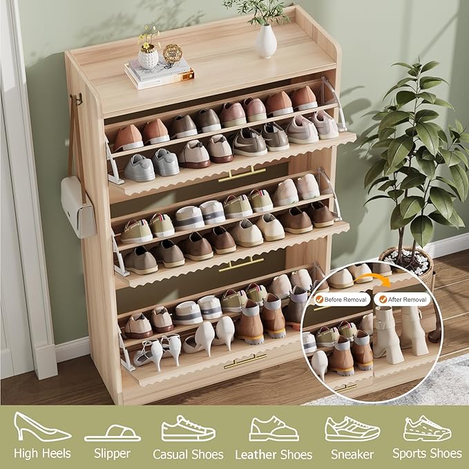 Shoe Storage Cabinet with 3 Flip Drawers, Fluted Freestanding Shoe Cabinet Storage for Entryway with Adjustable Shelf, Hidden Shoe Rack Cabinet for Foyer, Hallway (Natural Wood)