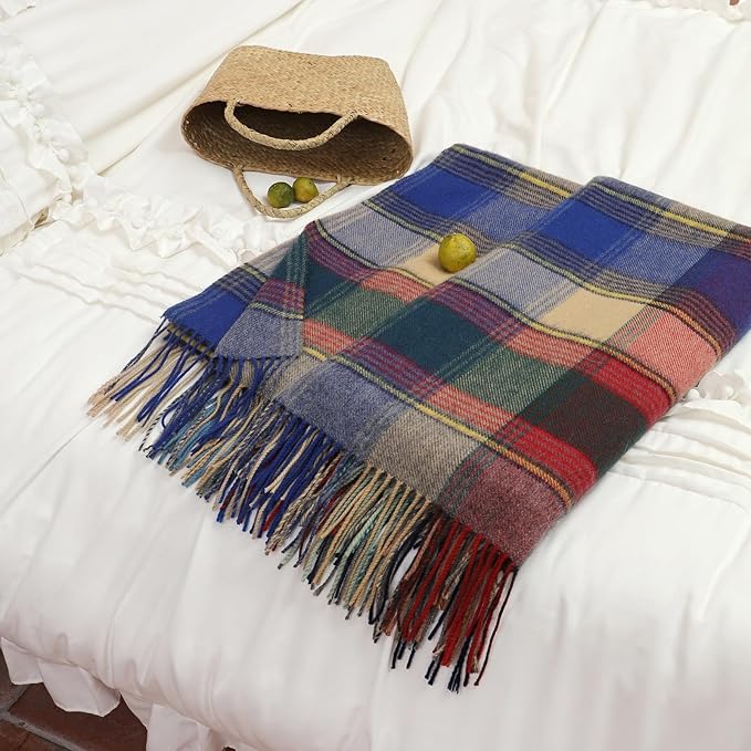 Wool Throw Blanket Plaid Blankets 83" x 55" Tartan Outdoor Camping Couch Sofa Bed Soft Warm Throws for Home Decor,1.5lb