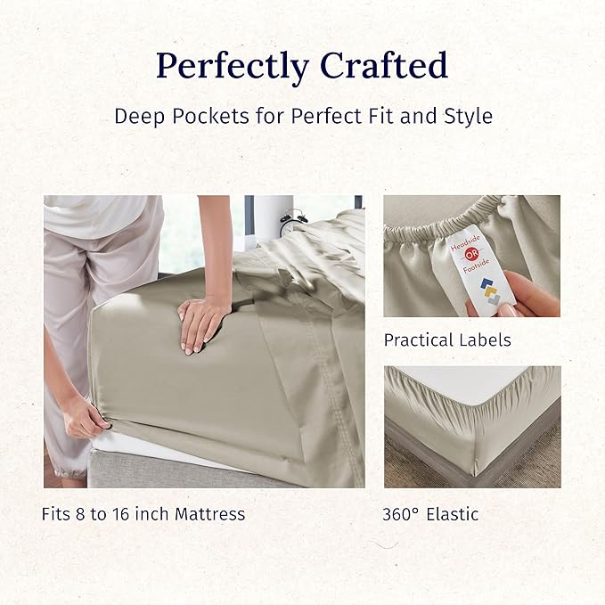 California Design Den Luxury Queen Size Sheet Set - 100% Cotton, 600 Thread Count Deep Pocket Queen Sheets, Hotel-Quality Bedding with Sateen Weave (Cool Taupe)