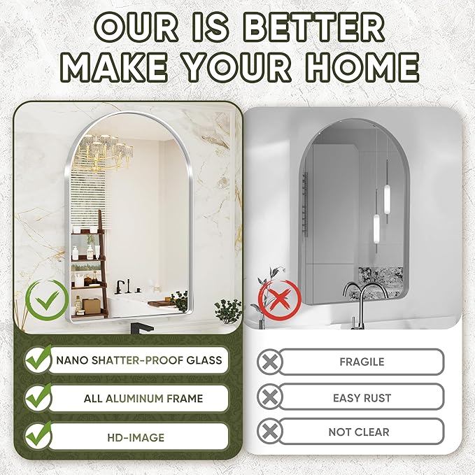 Suidia 26" x 38" Bathroom Mirror, Bathroom Vanity Mirror Metal Framed, Wall-Mounted Mirrors for Bedroom, Living Room, Entryway, Hallway, Silver, Arch Style