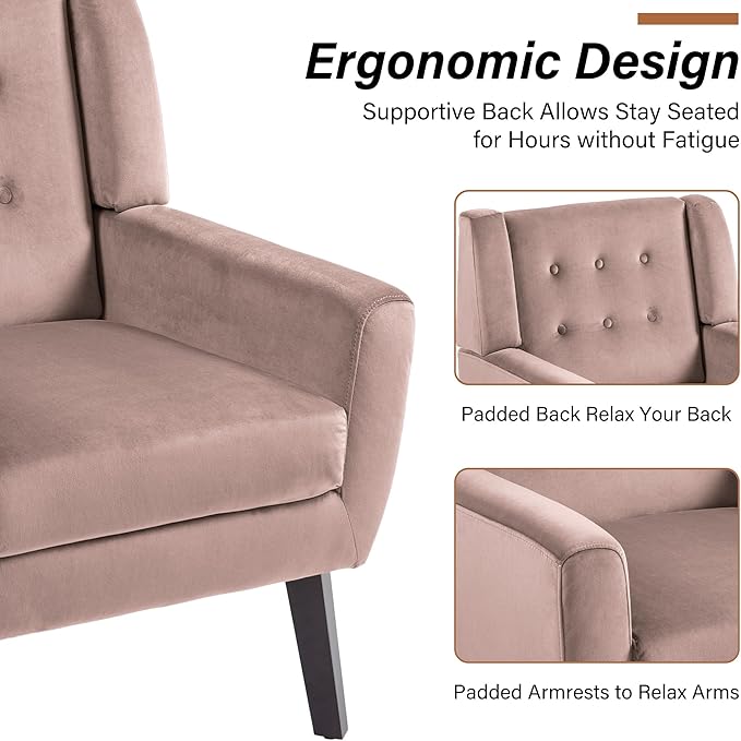 Lumibee Accent Chair, Modern Velevet Armchair for Living Room, Comfy Upholstered Arm Chair Tufted for Indoor Bedroom Office Room (Pink Velvet)