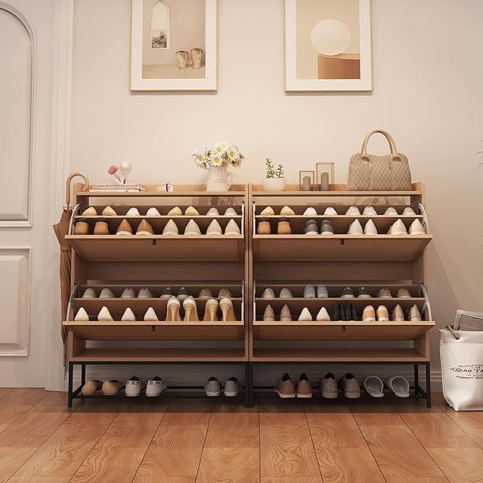 Narrow Shoe Storage Cabinet with 2 Flip Drawers, Freestanding Shoe Organizer Slim Shoe Cabinet Storage, Wooden Closed Shoe Rack for Entryway, Hallway, Living Room, Natural