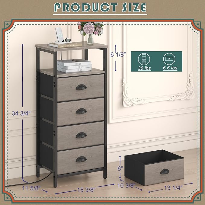 Nightstand with Charging Station,LED Grey Nightstand with 4 Fabric Drawers, Bedside End Tables, 2-Tier Open Storage Shelf Side Table Nightstand with Drawers for Bedroom,Grey