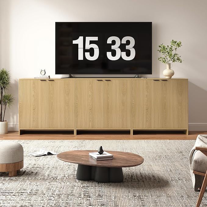 95" TV Stand for TVs up to 100",Modern Fluted TV Console with Storage Cabinet,Entertainment Center with 6 Doors & Adjustable Shelves for Living Room, Oak