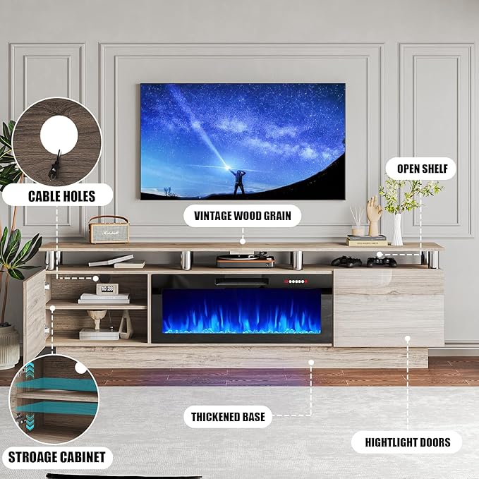 80" Modern Fireplace TV Stand with 36" Electric Fireplace for TVs Up to 90 inch, Luxury LED Light Entertainment Center with High Gloss Cabinet, TV Consoles for Living Room, Grey