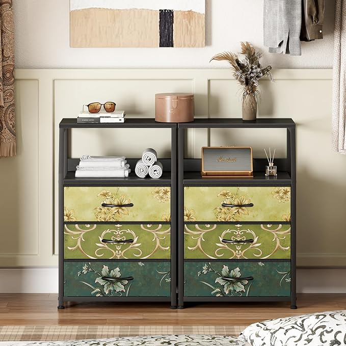 Furnulem Retro Night Stand with 3 Drawers and 2-Tier Shelf, Small Nightstand Side Table, Vintage Storage Dresser for Bedroom, Fabric Drawer Organizer for Closet, Beside Furniture