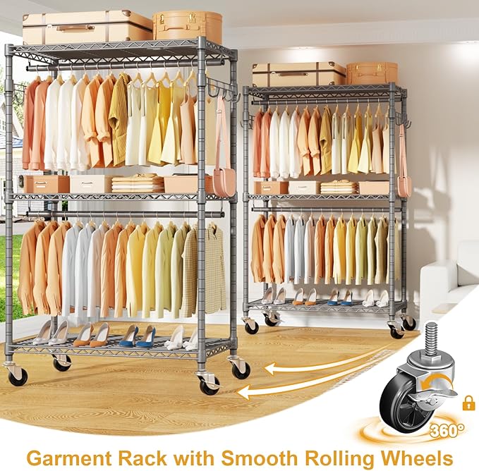 P1 Rolling Clothing Rack with Lockable Wheels, Heavy-Duty Garment Rack for Hanging Clothes, Portable Closet Wardrobe with Shelves, 35.5" W x 15.7" D x 80.5" H, Hold 500lbs, Grey