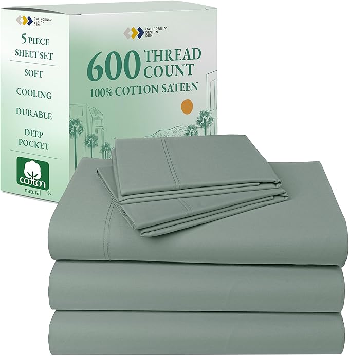 California Design Den Split King Sheet Set - 100% Cotton, 600 Thread Count, Breathable Luxury King Size Sheets for Adjustable Bed, Luxury Hotel-Quality Sheets, Soft Sateen (Sage Green - Cool Tone)