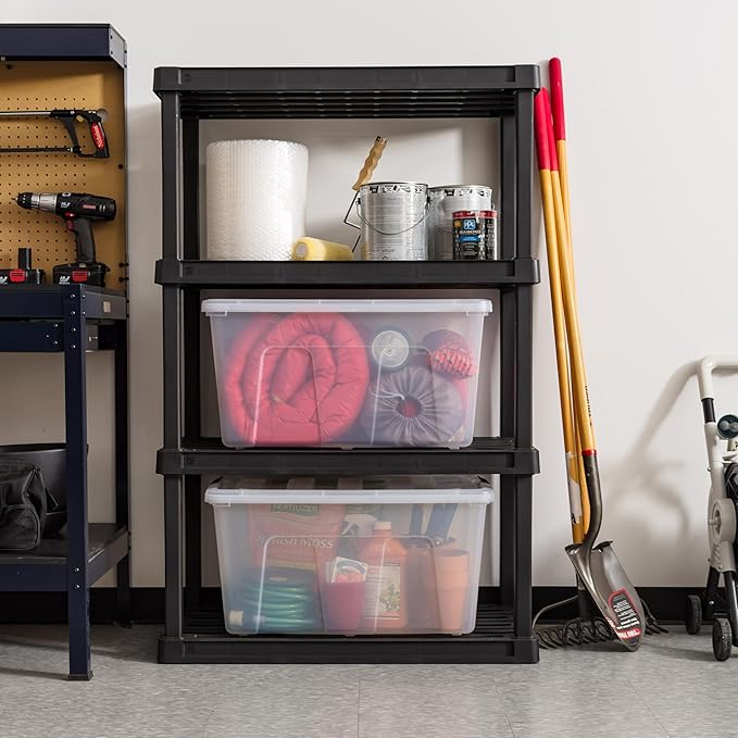 IRIS USA 94 Qt Stackable Plastic Storage Bins with Lids, 4 Pack - BPA-Free, Made in USA - See-Through Organizing Solution, Latches, Durable Nestable Containers, Secure Pull Handle - Clear