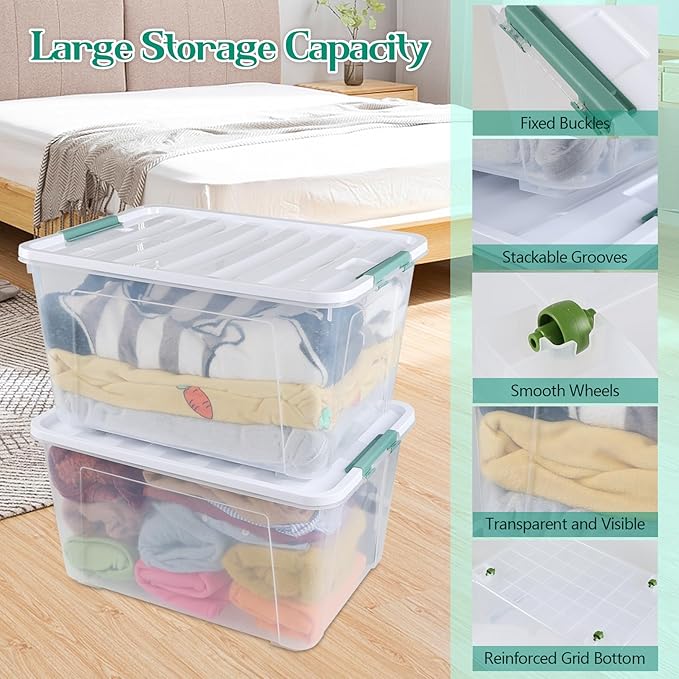 Pekky 85 Quart Clear Storage Bin on Wheels, 4-Pack Large Plastic Latching Box