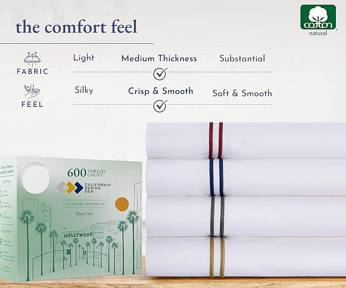 California Design Den Luxury Queen Size Sheet Set - 100% Cotton, 600 Thread Count Deep Pocket Queen Sheets, Hotel-Quality Bedding with Sateen Weave - White Embroidered Gray