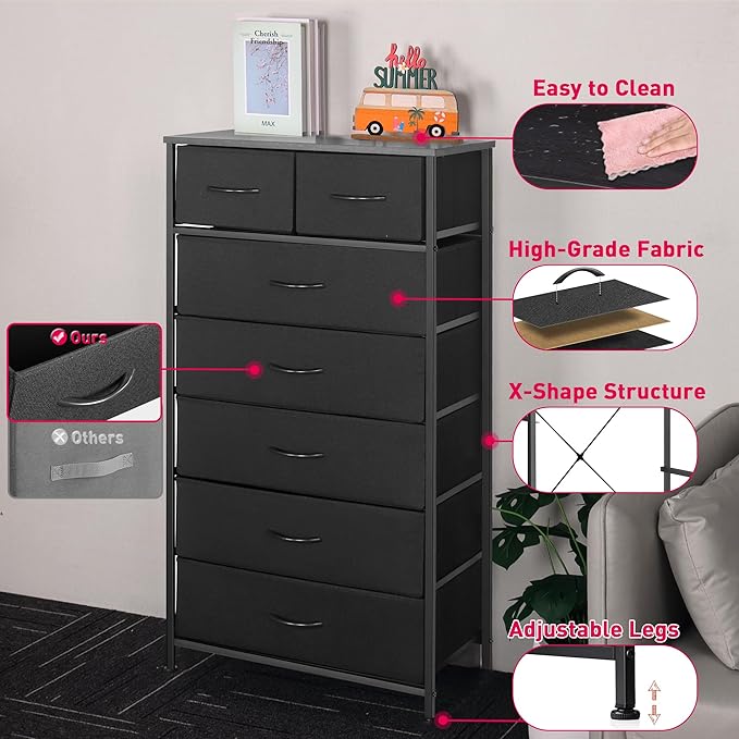 Tall Dresser for Bedroom, Vertical Storage Organizer Tower with 7 Drawers, Chest of Drawers with Fabric Bins, Steel Frame, Wood Top for Bedroom, Closet, Entryway- Black