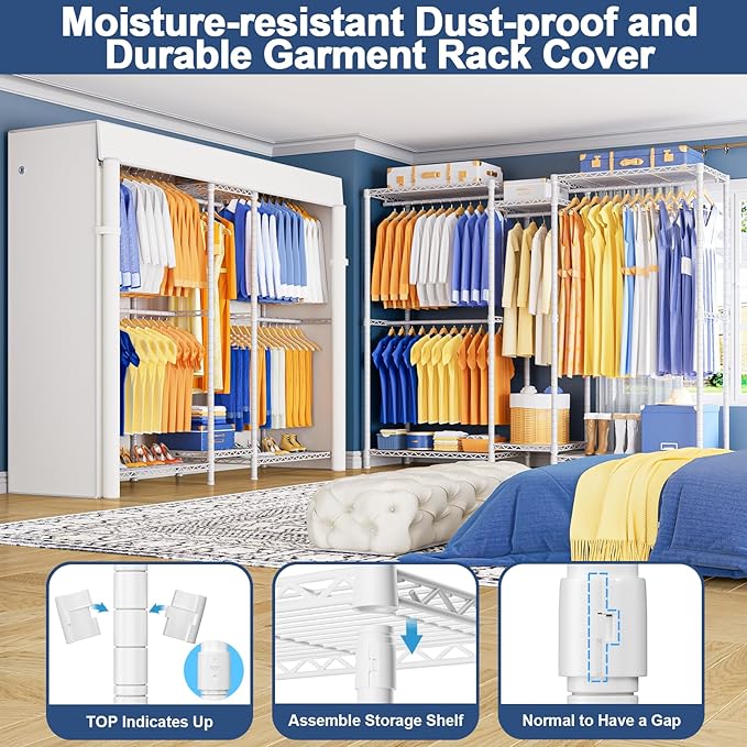 Ulif E12C Heavy Duty Closet Organizer System，Freestanding Clothing Racks for Hanging Clothes，Adjustable Garment Rack 71" W x 16" D x 76.5" H Hold 960 lbs，White Clothing Rack with White Dustproof Cover