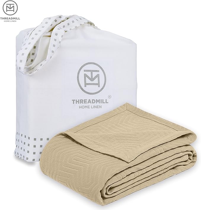 Threadmill Luxury Cotton Blankets for King Size Bed | All-Season Cozy 100% Cotton Blanket | Aster Jacquard Soft & Lightweight Coverlet fits California King Size Bed, 104x92 | Beige