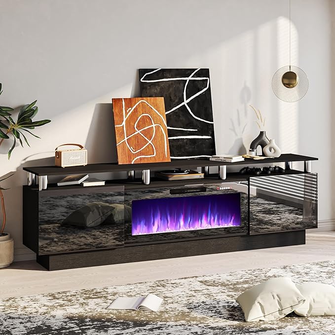 80" Modern Fireplace TV Stand with 36" Electric Fireplace for TVs Up to 90 inch, Luxury LED Light Entertainment Center with High Gloss Cabinet, TV Consoles for Living Room, Black