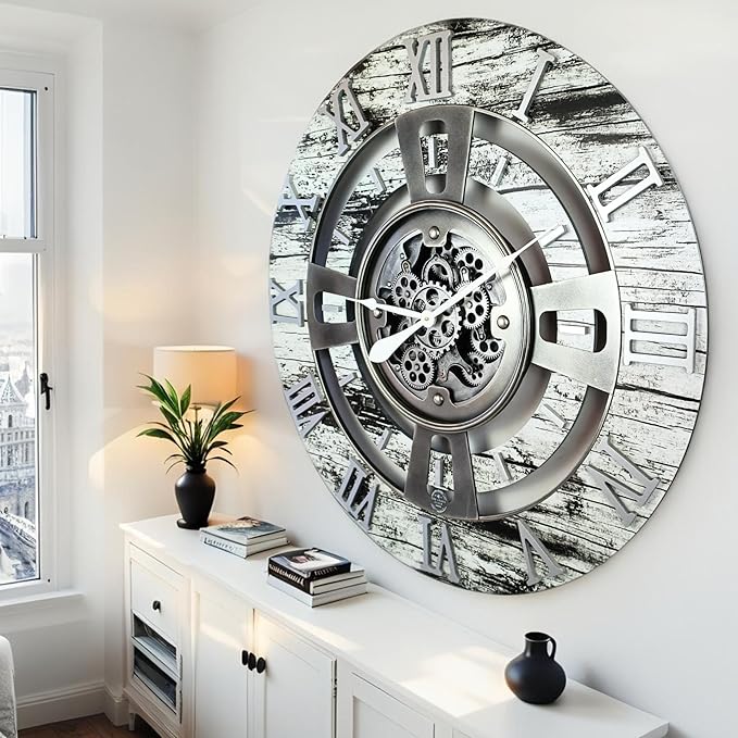 The Gears Clock Real Moving Gear Wall Clock England Line (Grey & White, 36 inches (90 cm))