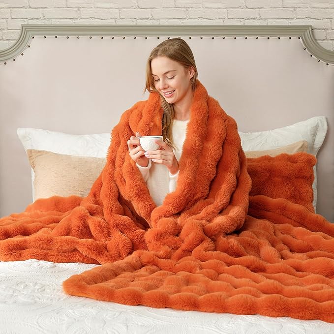 Cozy Bliss Faux Fur Throw Blanket for Couch, Bubble Plush Blanket King Size, Fuzzy Soft & Thick Blanket for Fall Bed Sofa Living Room, 108x90 Inches Halloween Burnt Orange