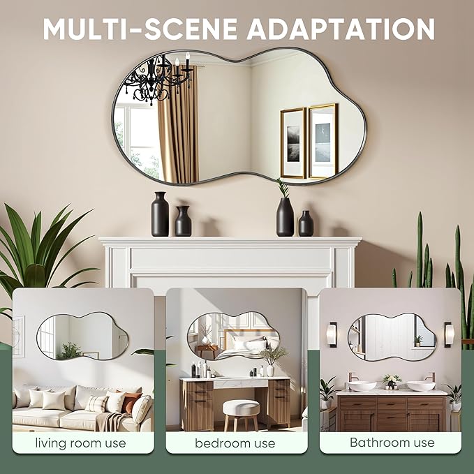 Suidia Irregular Wall Mirror, 36"x20" Bathroom Mirror Asymmetrical Mirrors Artistic Mirrors Decorative for Living Room Bedroom Bathroom Hallway Entryway, Black, Cloud Style
