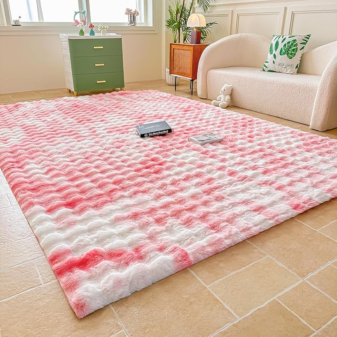 Pink White Rabbit Plush Area Rug for Bedroom Living Room Sofa,6'X9' Faux Fur Fluffy Shaggy Rectangular Square Rug for Kids Teen Girls Room,Furry Carpet Rug for Nursery Baby Room Decor for Teenage