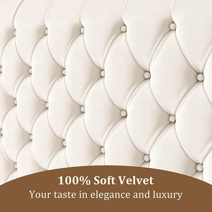 57.5" Tall Queen Size Upholstered Bed Frame with Rolled Headboard and Footboard, Plaform Bed Frame with Deep Button Tufting, Soft Chenille Fabric, Noise Free, No Spring Box Needed, Beige