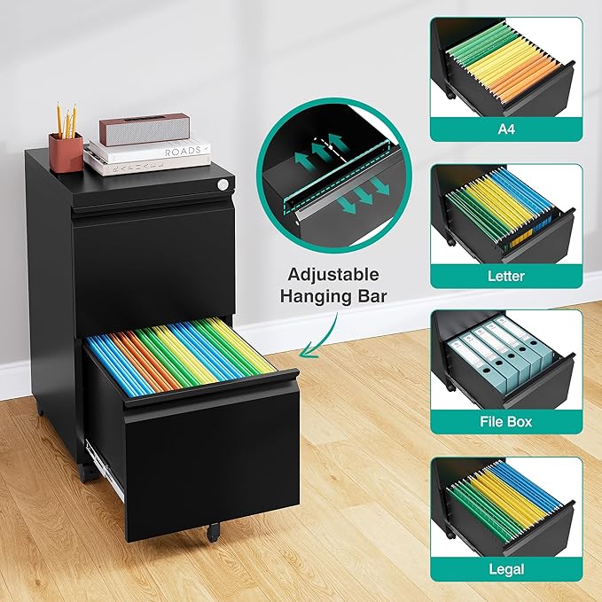SISESOL 2 Drawer File Cabinet on Wheels,Metal Filing Cabinet with Lock,Black Rolling File Cabinets with Casters,Under Desk Office Cabinets for Home Office,Fit A4/Letter/Legal,Easy Assembly
