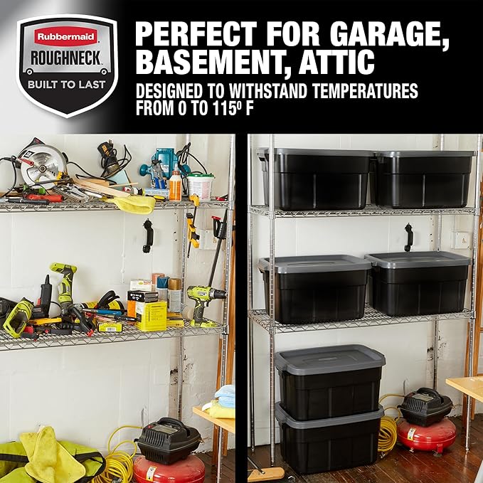 Rubbermaid Heavy Duty Black Storage Bins Plastic Totes with Lids for Storage, Stackable, Large Capacity, Durable, Multipurpose, 14 GAL, 6 Pack (14 GAL - 6 Pack Solid Black and Grey)