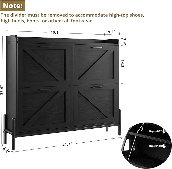 IRONCK Farmhouse Shoe Storage Cabinet with 4 Flip Drawers, Freestanding Shoe Organizer with Adjustable Shelf for Entryway, Narrow Shoe Rack Cabinet for Hallway, Living Room, Black