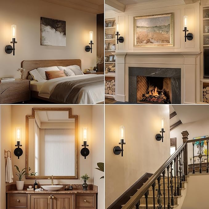 15" Knurled Brass Wall Sconces Set of 2, Black Gold Bathroom Vanity Light Fixtures with Clear Glass Tube, Modern Lamp Lighting for Bedroom, Living Room, Hallway, Staircase, Mirror, Kitchen