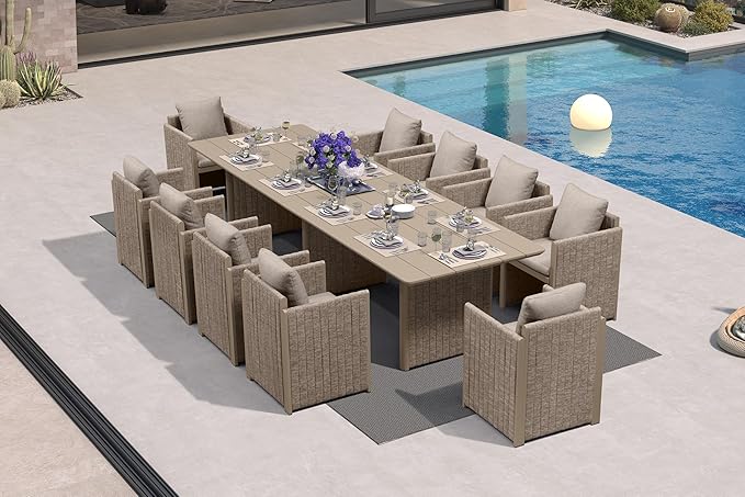 PURPLE LEAF 11 Pieces Outdoor Patio Dining Set Modern Large Weather-Resistant Table and Aluminum Chairs with Olefin Thick Cushions for Indoor Decor Kitchen Beige